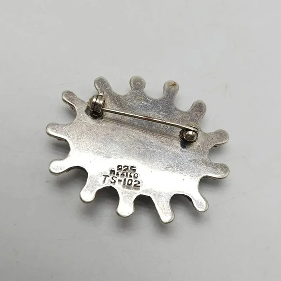 Vintage Taxco Mexican 925 Sterling Silver SUN Malachite Brooch Pin 19.92 Grams - Picture 3 of 6